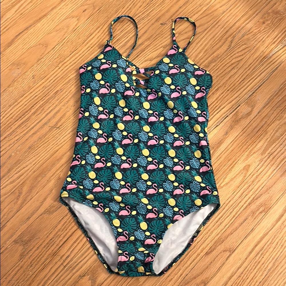 NWOT Playful Pink and Green One Piece Swimsuit with Spaghetti Straps